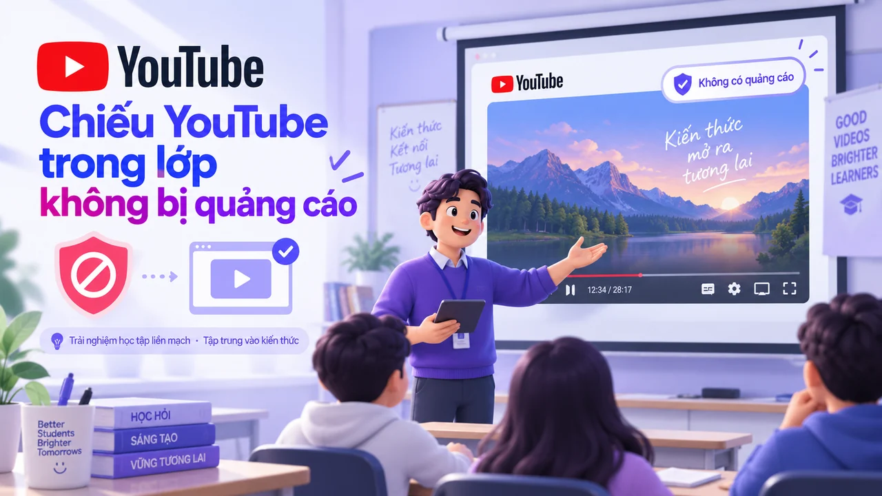 Minh họa giáo viên chiếu video YouTube trong lớp học ít bị quảng cáo gián đoạn