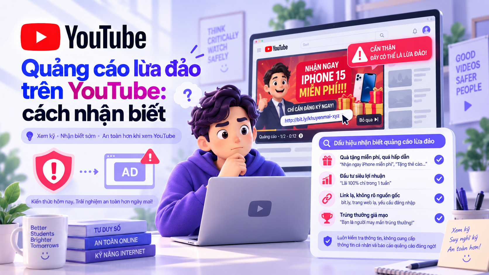 Minh họa cách nhận biết quảng cáo lừa đảo trên YouTube qua quà tặng, lợi nhuận và đường link đáng ngờ
