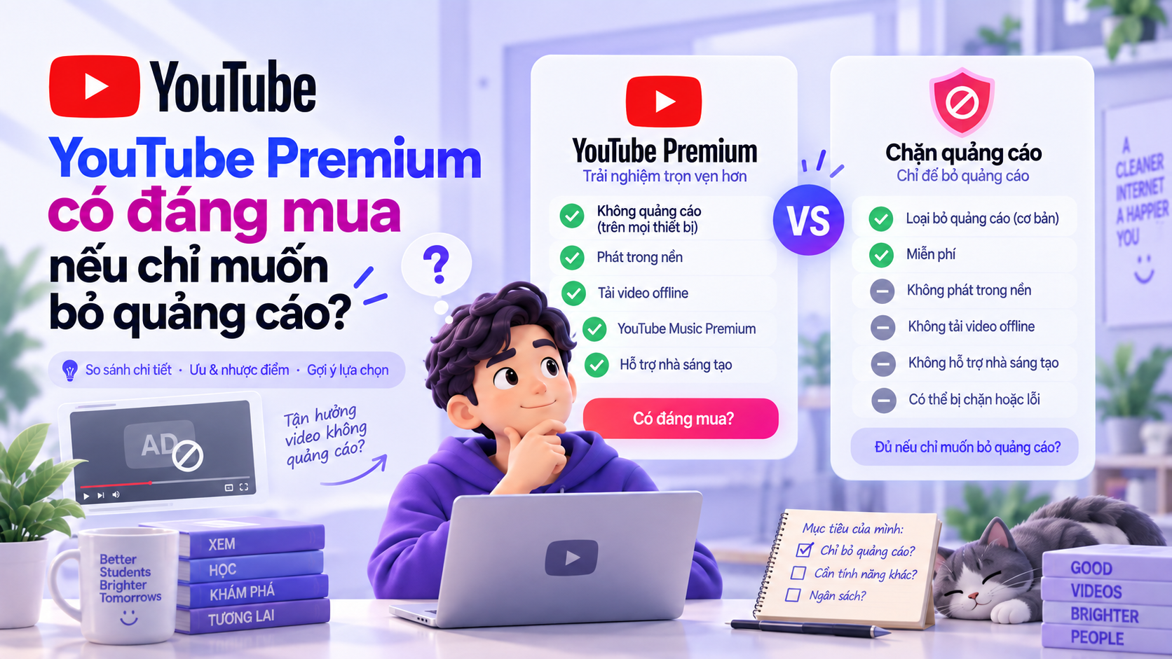 Minh họa quyết định YouTube Premium có đáng mua nếu người dùng chỉ muốn bỏ quảng cáo