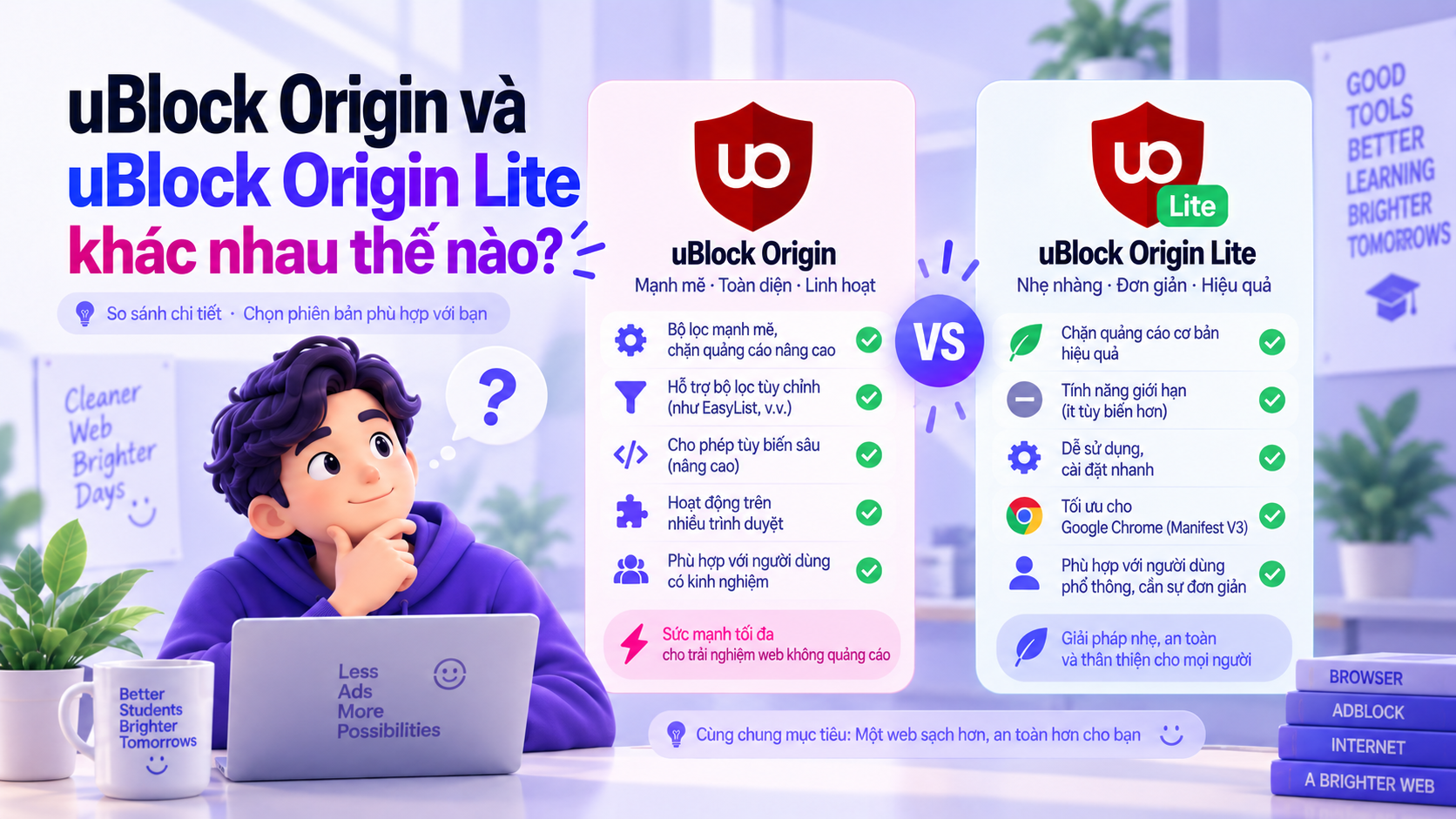 Minh họa so sánh uBlock Origin và uBlock Origin Lite về sức mạnh lọc, tùy biến và Manifest V3