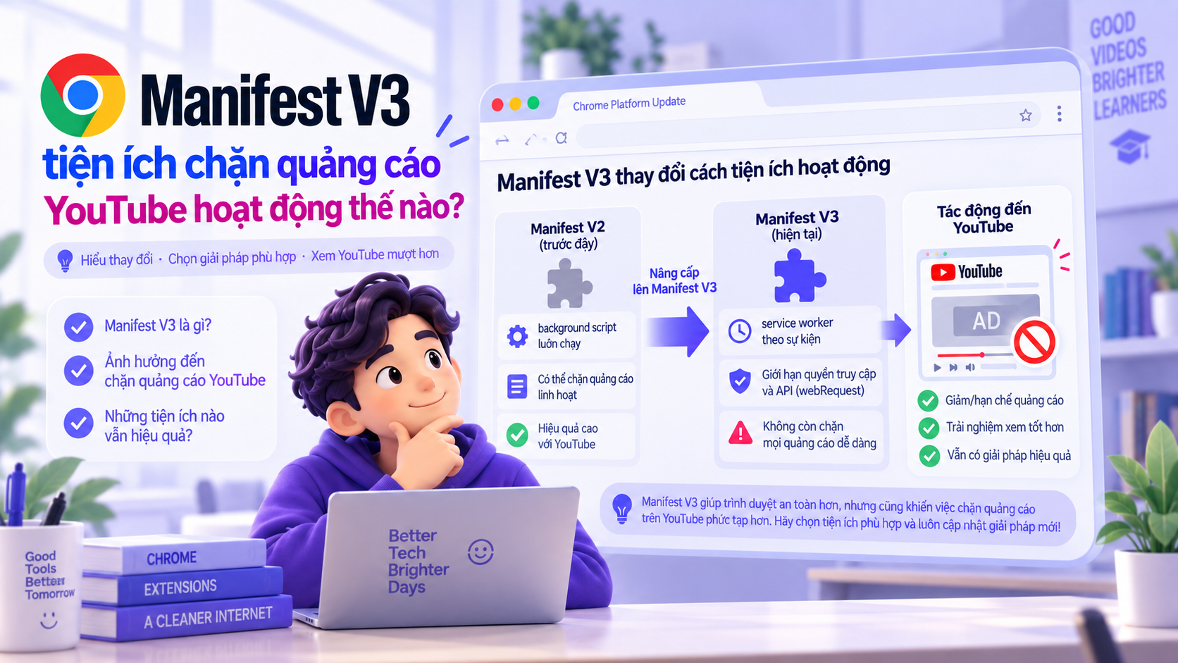 Minh họa cách tiện ích Manifest V3 chặn quảng cáo YouTube hoạt động và các tiêu chí cần kiểm tra