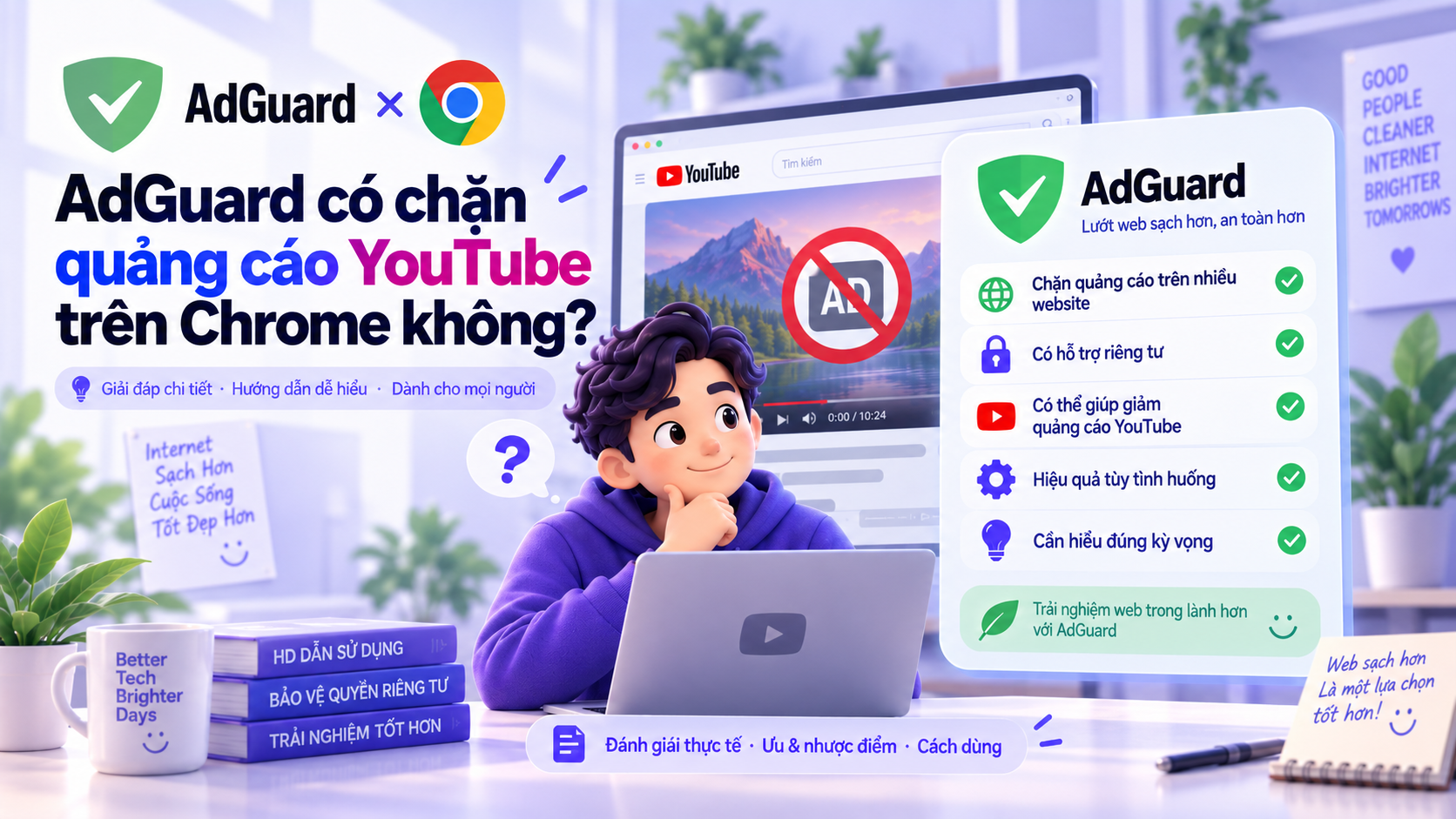 Minh họa AdGuard chặn quảng cáo YouTube trên Chrome và các điểm cần kiểm tra thực tế