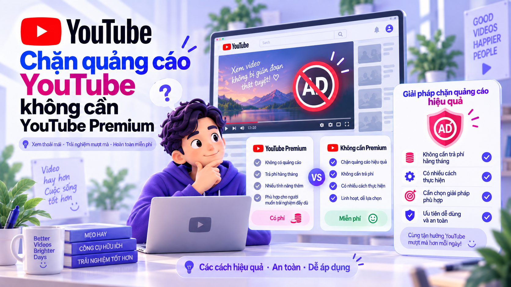 Minh họa các cách chặn hoặc giảm quảng cáo YouTube không cần YouTube Premium trên Chrome