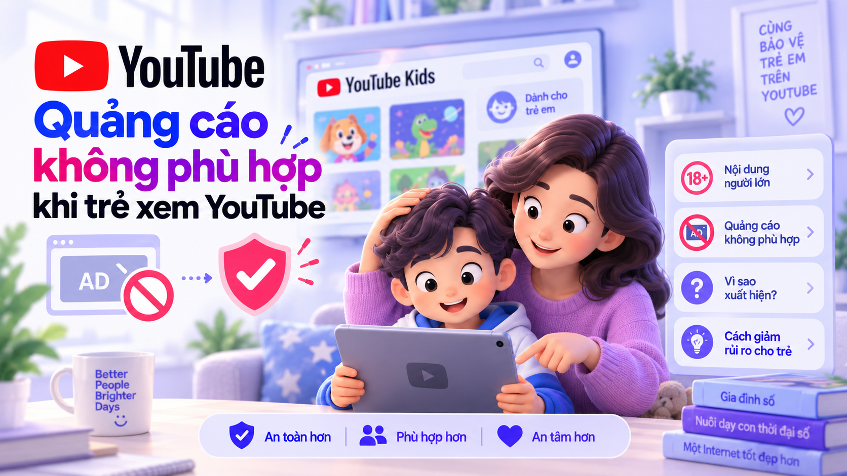 Minh họa cha mẹ xử lý quảng cáo không phù hợp khi trẻ xem YouTube và dùng YouTube Kids