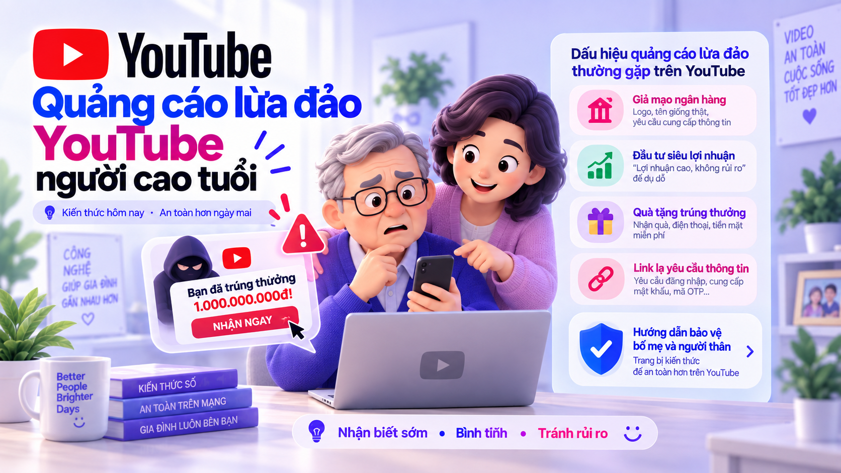 Minh họa quảng cáo lừa đảo YouTube nhắm người cao tuổi và checklist để gia đình bảo vệ bố mẹ
