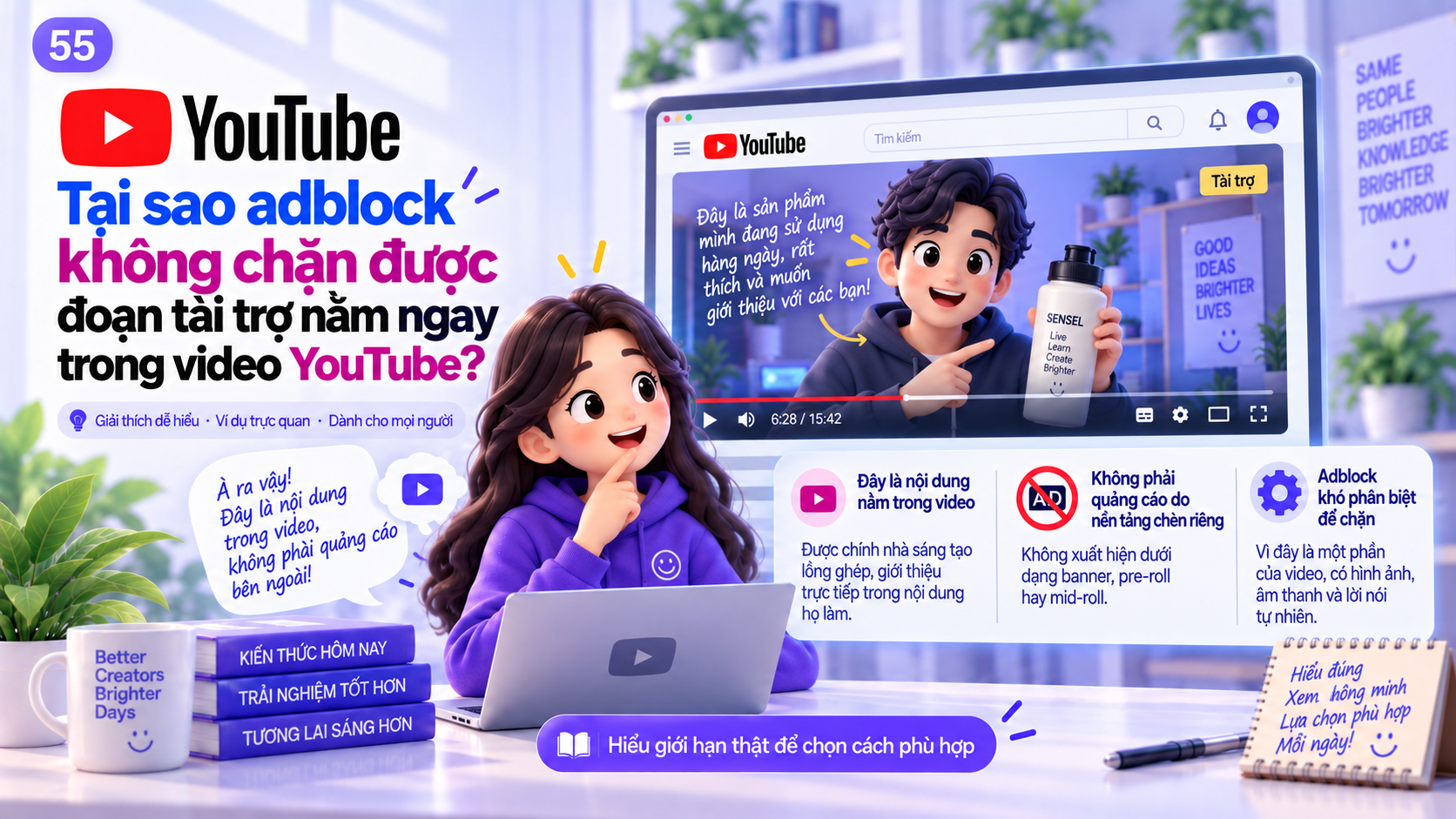Minh họa đoạn tài trợ do creator nói trực tiếp bên trong video YouTube và biểu tượng adblock không thể tách riêng