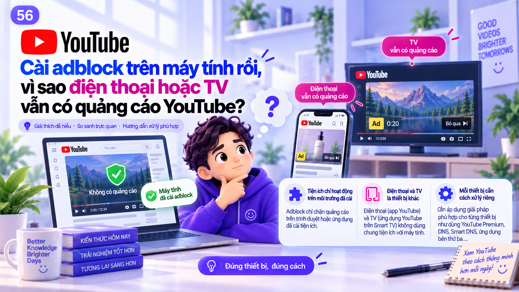 Minh họa laptop có tiện ích adblock trong khi điện thoại và TV là các môi trường YouTube riêng