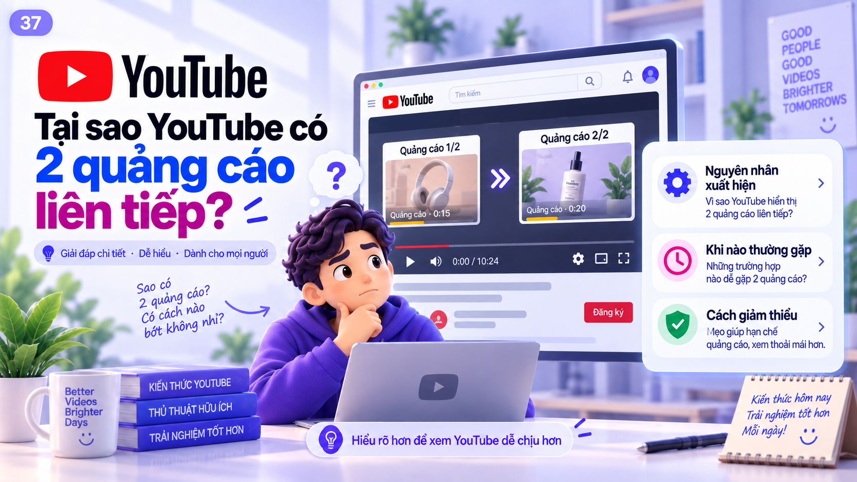 Minh họa hai quảng cáo YouTube chạy liên tiếp trong một cụm ad pod trước khi video tiếp tục