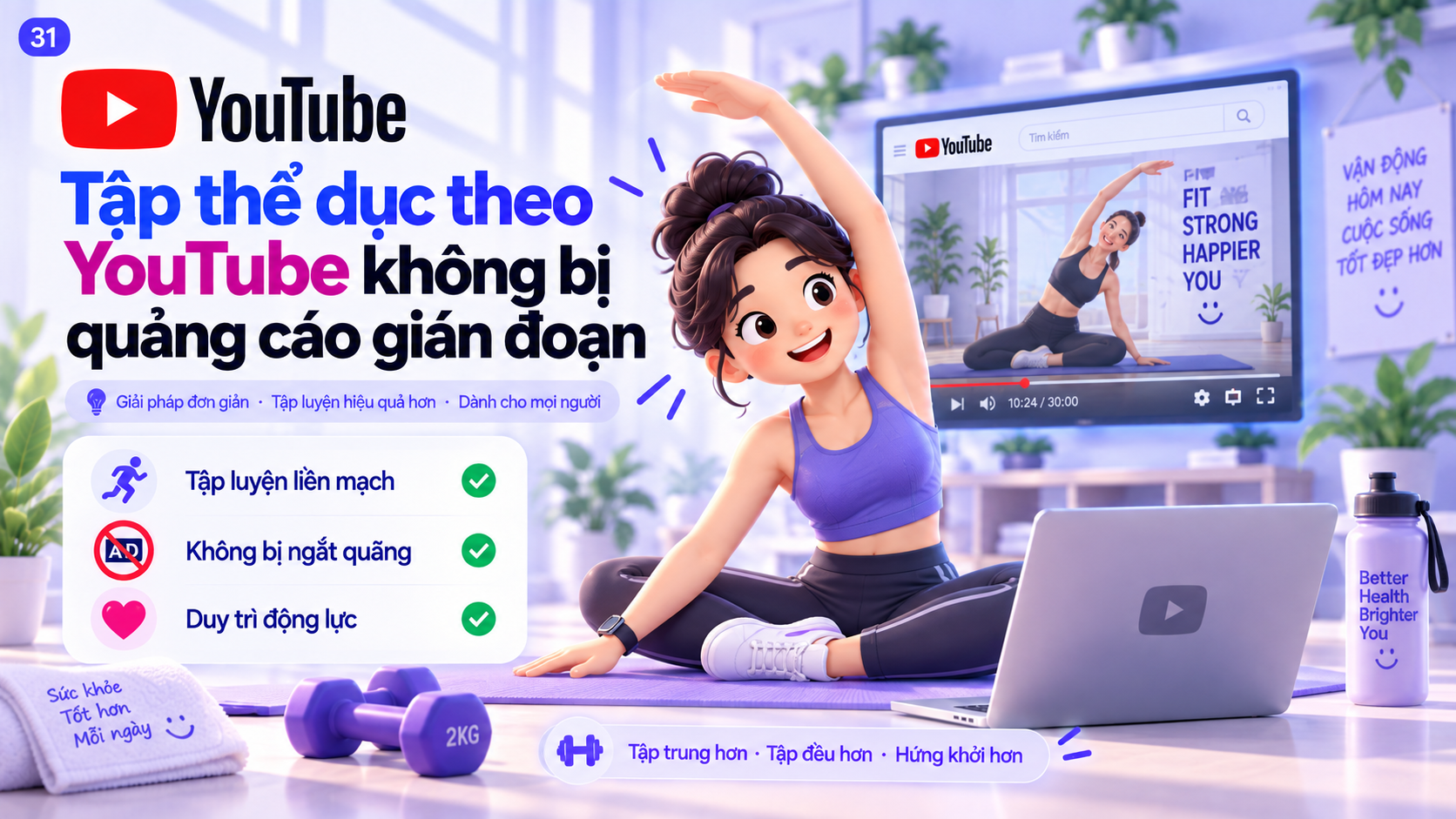 Minh họa tập thể dục theo YouTube tại nhà với buổi tập liền mạch và ít bị quảng cáo làm gián đoạn