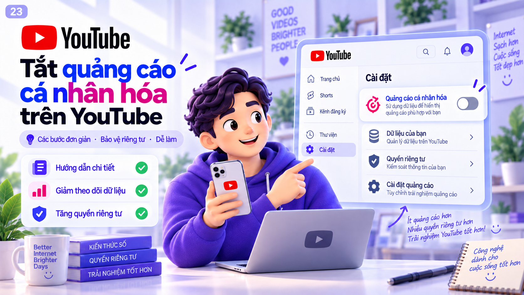 Minh họa tắt quảng cáo cá nhân hóa YouTube trong My Ad Center và các cài đặt quyền riêng tư liên quan