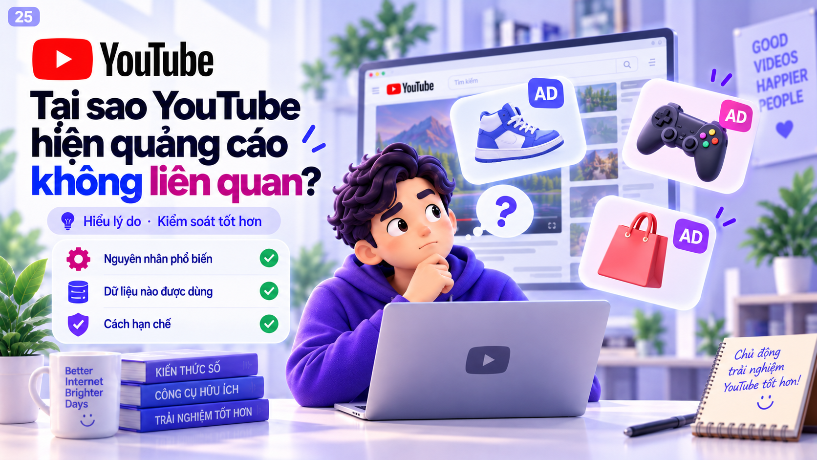 Minh họa người dùng thắc mắc vì sao YouTube hiển thị quảng cáo không liên quan đến sở thích
