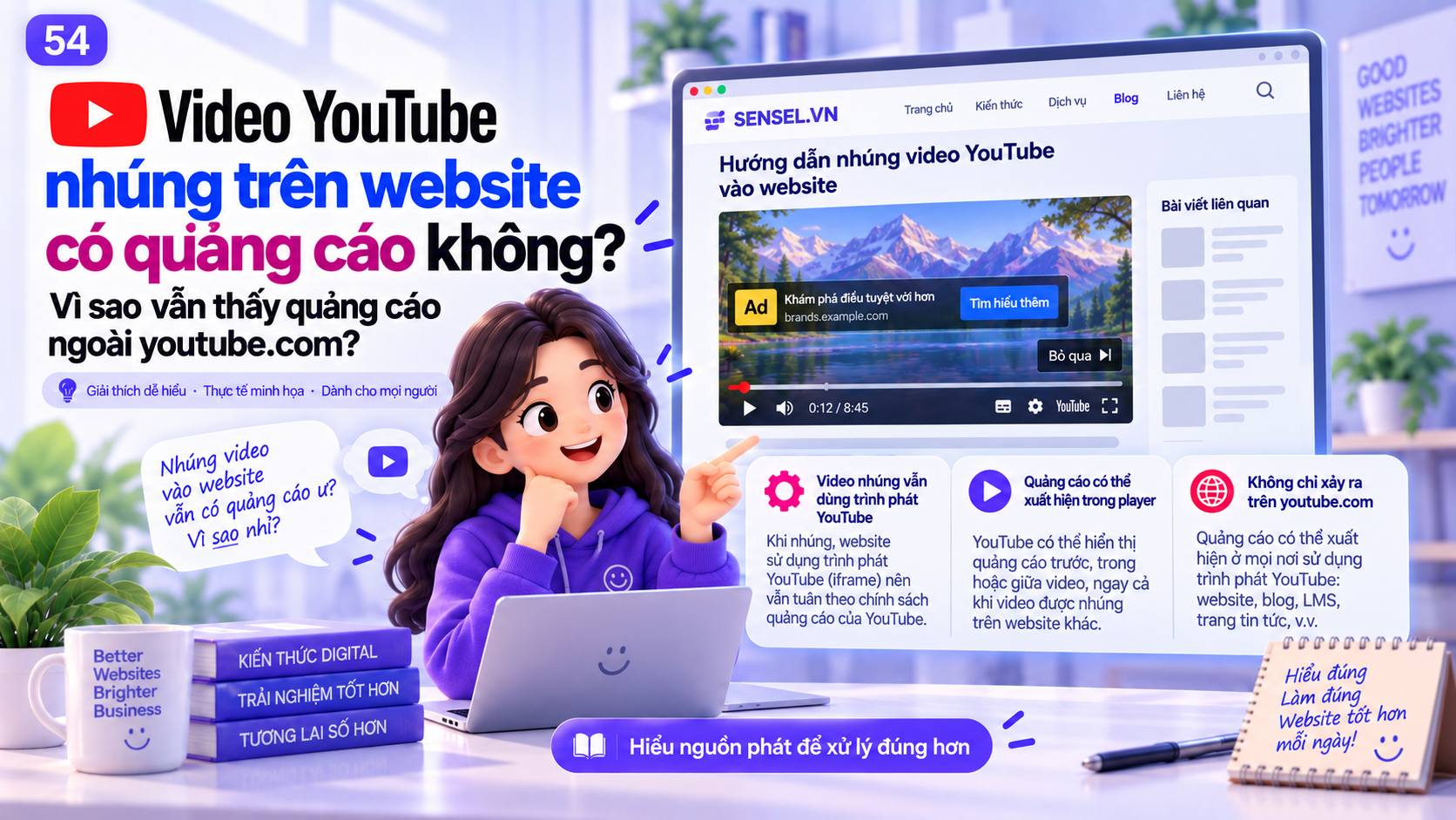 Minh họa một video YouTube nhúng trong website bên ngoài vẫn hiển thị quảng cáo trong trình phát