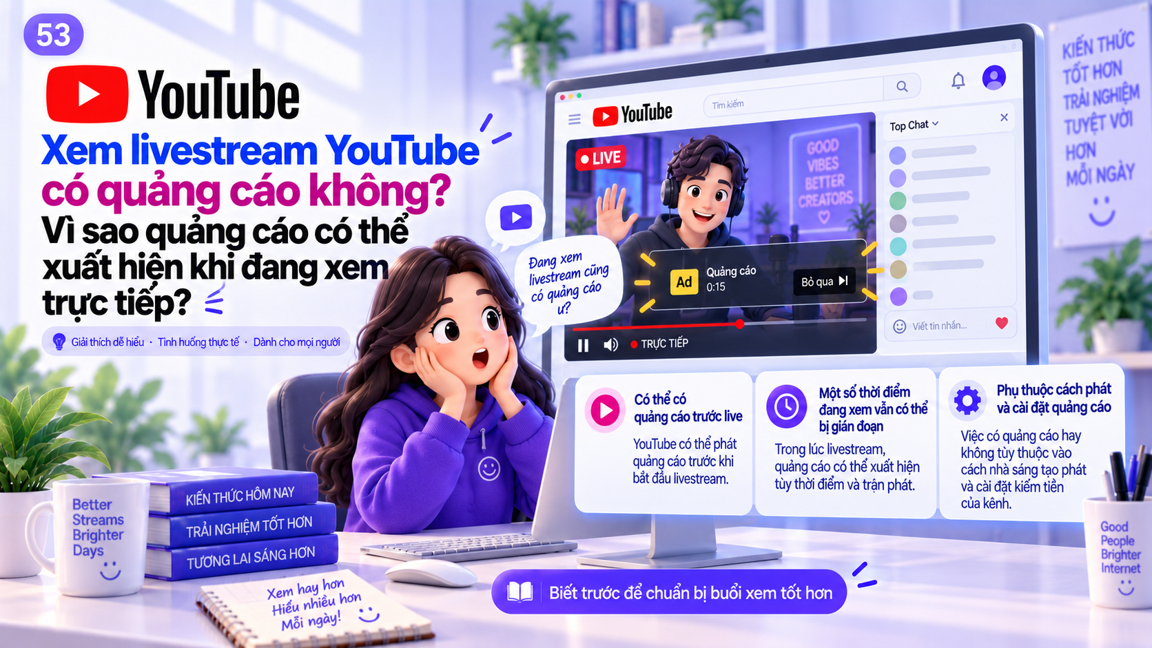 Minh họa livestream YouTube đang phát trực tiếp và một quảng cáo xuất hiện trong phiên xem