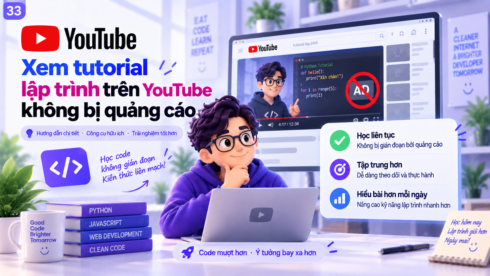 Minh họa xem tutorial lập trình trên YouTube và thực hành code liền mạch trên laptop
