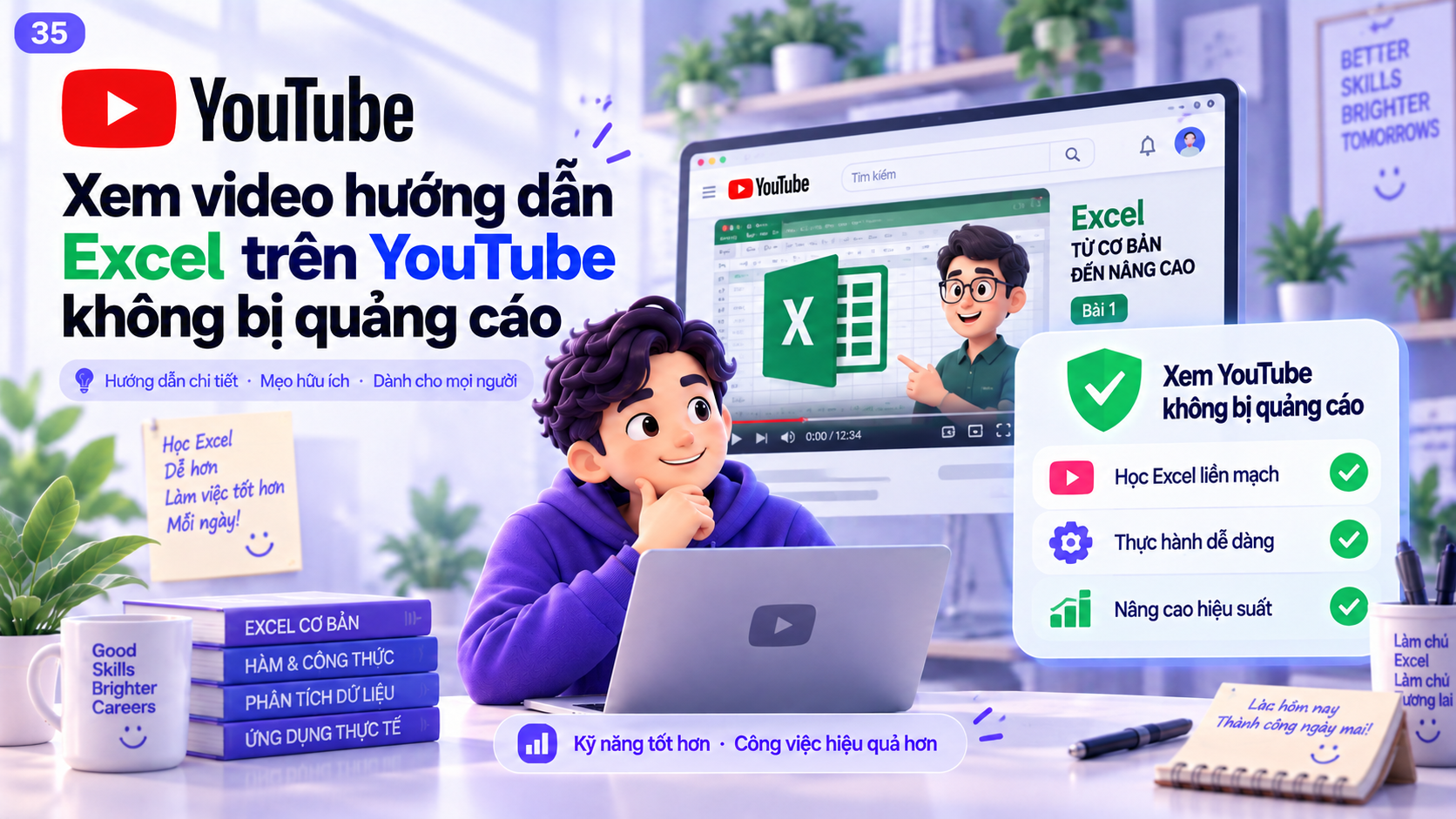 Minh họa học Excel trên YouTube với video hướng dẫn và file thực hành trên laptop