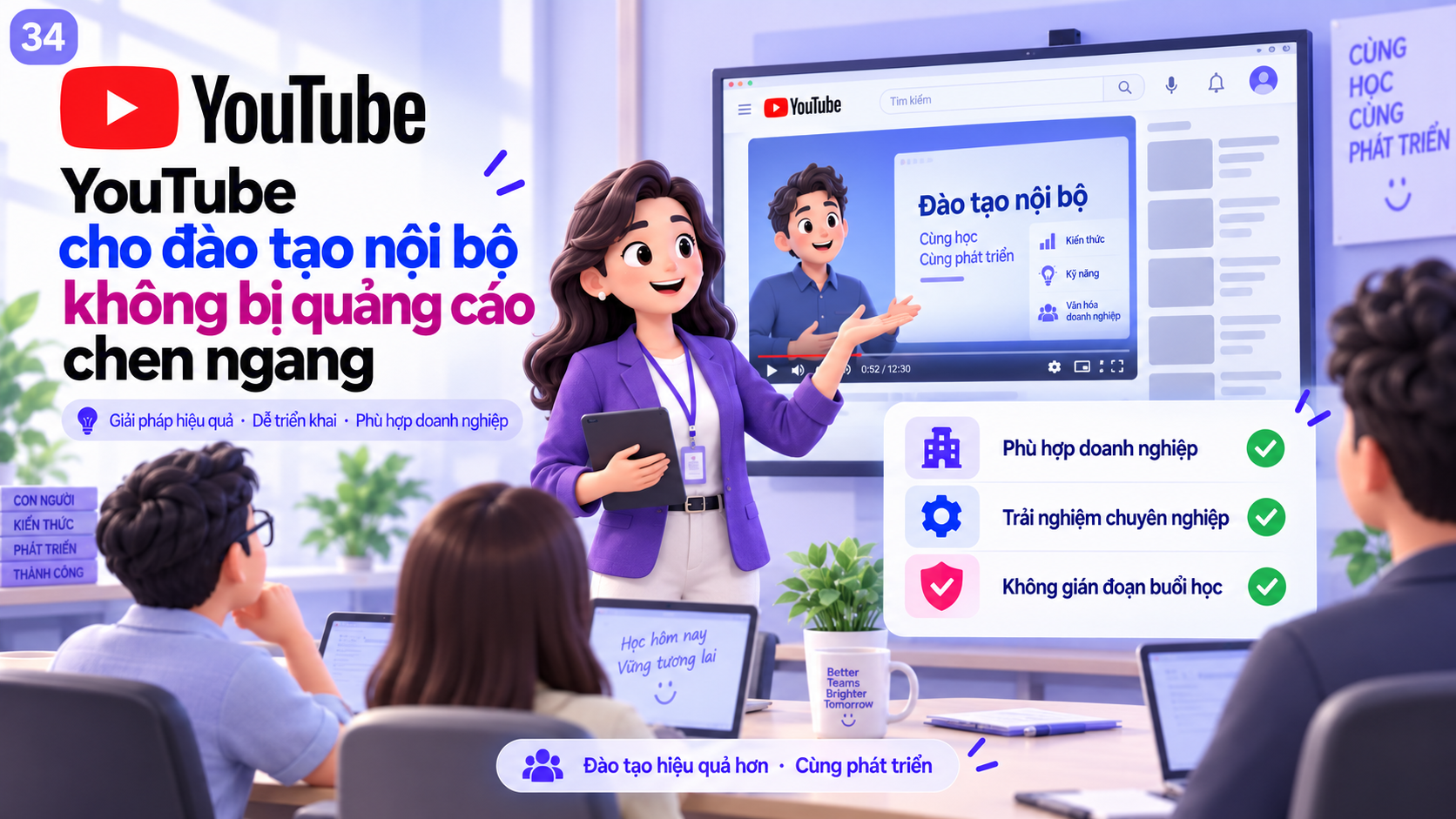 Minh họa doanh nghiệp dùng YouTube trong buổi đào tạo nội bộ với màn hình trình chiếu liền mạch