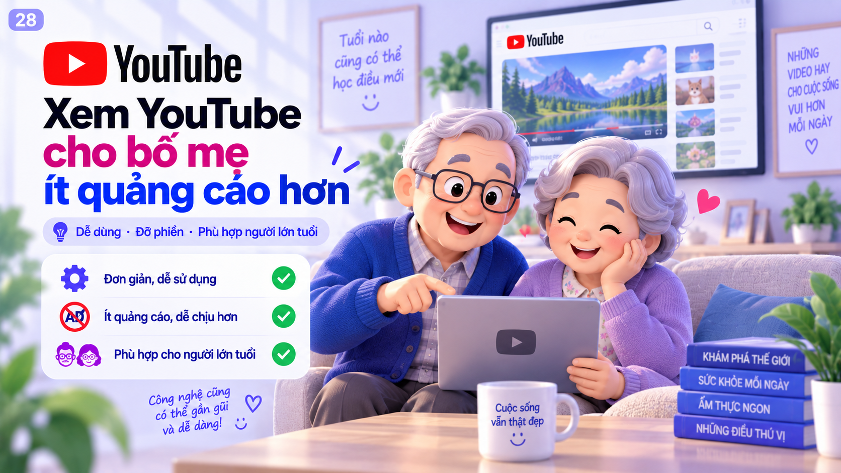 Minh họa bố mẹ lớn tuổi xem YouTube với giao diện đơn giản và ít quảng cáo gây gián đoạn hơn